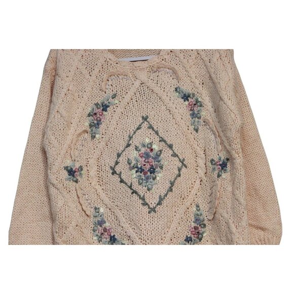 NWT Vintage 90s Chunky Knit Sweater Large Floral Embroidered Grandma Cottagecore - Picture 3 of 11